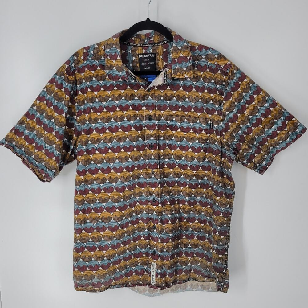 Kavu Mountain Stripe Graphic Button Down Short Sleeve Tee XL